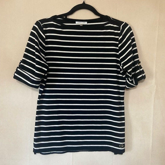 Calvin Klein women's M elbow length roll tab stripe boat neck tee in EUC - Picture 1 of 5